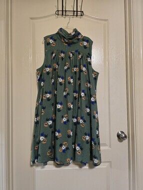 Lands End Cotton Voile Green Floral High-Neck Trapeze Dress, Lined, Sz XL/18